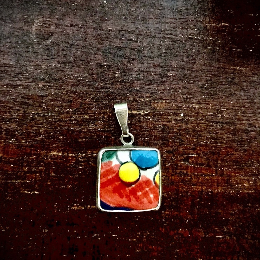 Antique Spanish Tile Pendant in Silver